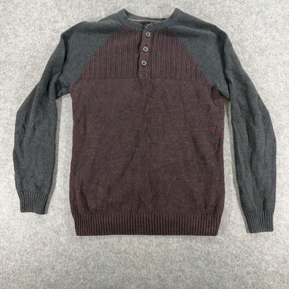 Commerce Mens Henley Sweater Medium Burgundy Grey Color Block Raglan Knit